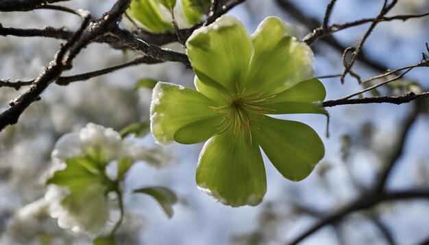 une fleur verte avec des feuilles vertes dessus