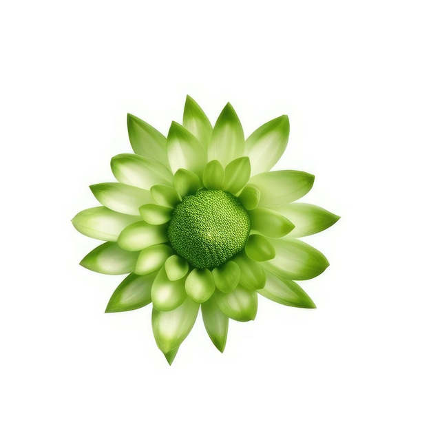 Une fleur verte avec des feuilles vertes et un fond blanc