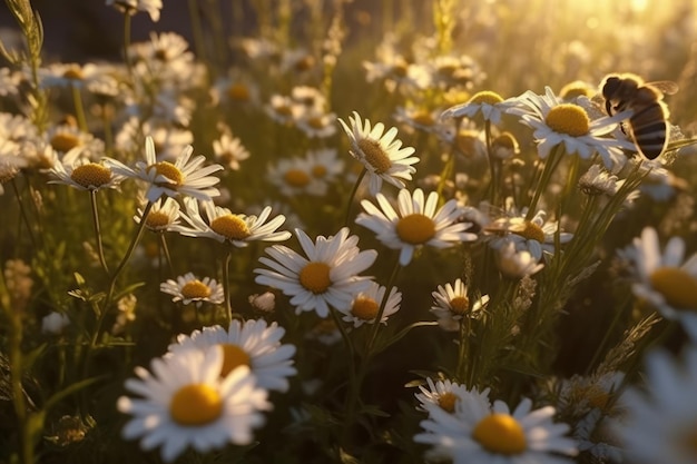 Une fleur vibrante dans une prairie sereine est l'habitat parfait pour cette petite abeille.