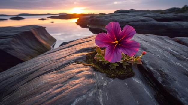 Une fleur violette assise sur un rocher avec un coucher de soleil en arrière-plan