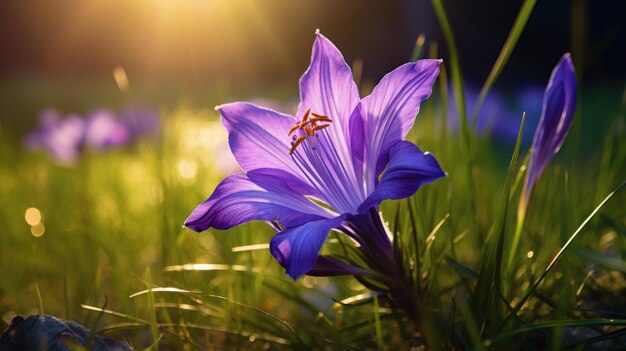 Une fleur violette brillante fleurit sur l'herbe verte éclairée par Diabolic