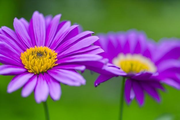 Une fleur violette avec un centre jaune et une abeille dessus