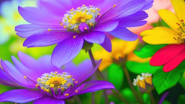 Une fleur violette avec un centre jaune et un fond vert