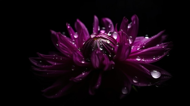 Une fleur violette avec des gouttelettes d'eau dessus