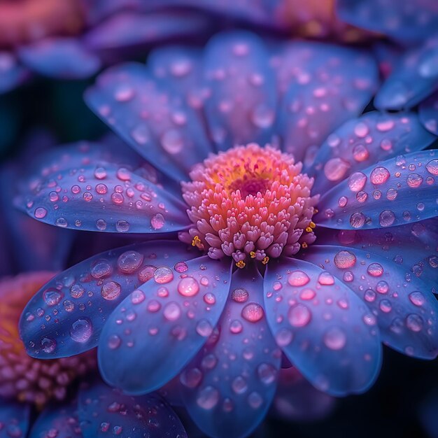 une fleur violette avec des gouttes d'eau dessus