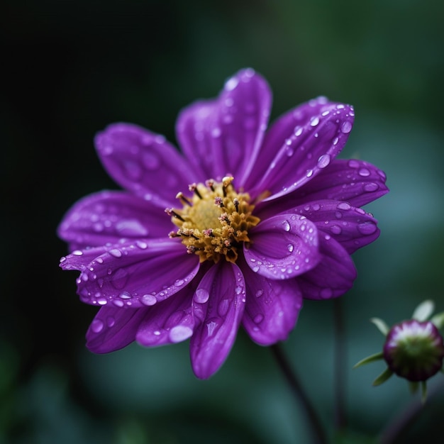 Une fleur violette avec des gouttes de pluie dessus