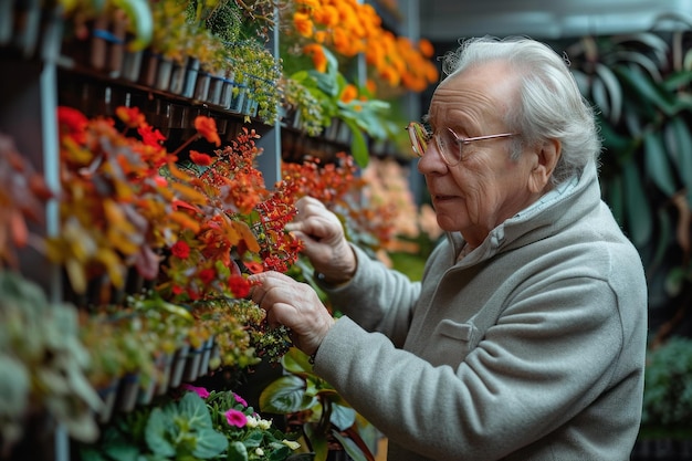 Un fleuriste âgé dans un marché de fleurs coloré par une belle journée