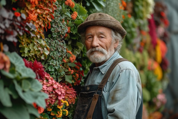 Un fleuriste âgé dans un marché de fleurs coloré par une belle journée