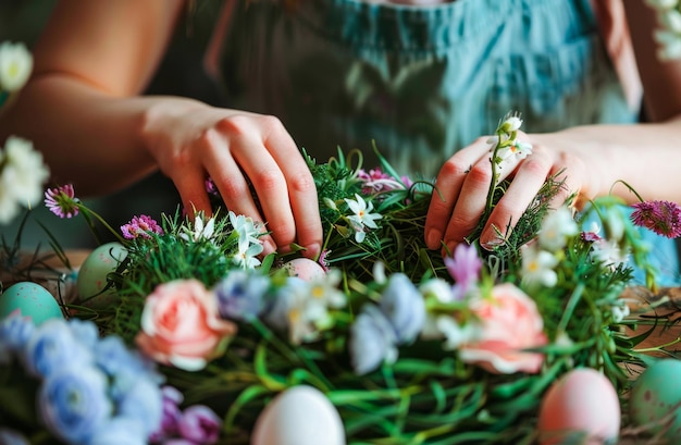 Un fleuriste arrange de belles fleurs de Pâques et des œufs pastels dans une pièce chaude et ensoleillée