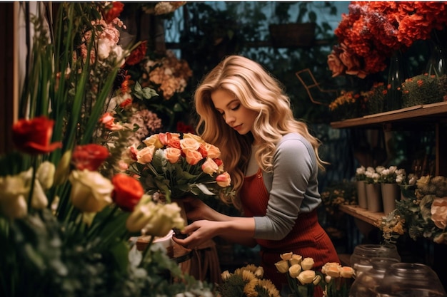 Fleuriste de belle jeune femme faisant un bouquet dans un magasin de fleurs