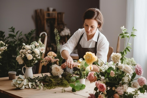 Fleuriste créatif préparant et décorant un bouquet dans un magasin de fleurs