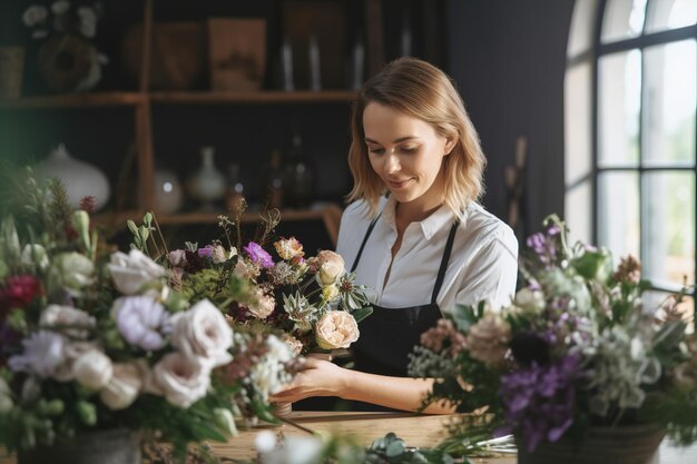 Fleuriste créatif préparant et décorant un bouquet dans un magasin de fleurs