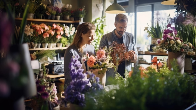 Fleuriste debout dans son magasin de fleurs en prenant soin des fleurs Nouveau concept de magasindémarrage d'une entreprise