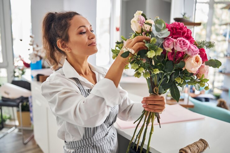 Photo fleuriste féminine créative admirant un bouquet qu'elle a fait