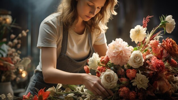 Fleuriste préparant un bouquet de fleurs