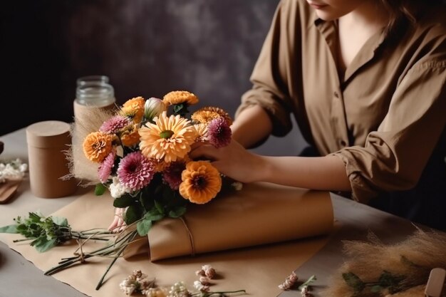 fleuriste recueille un bouquet de belles fleurs