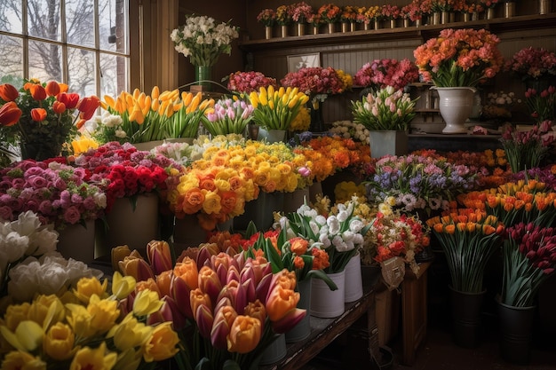 Fleuriste avec une variété de fleurs colorées, y compris des tulipes et des jonquilles