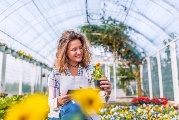 Fleuriste vérifiant l&#39;état des fleurs en serre