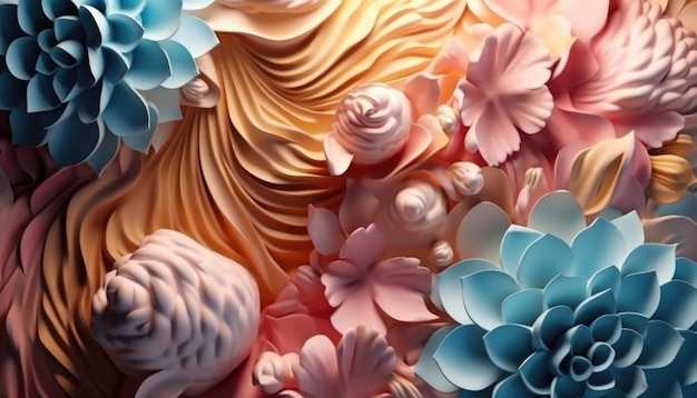 Fleurs 3d colorées en rendu 3d Ai générative