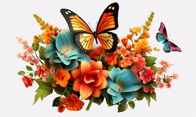 Fleurs 3D avec papillons clipart