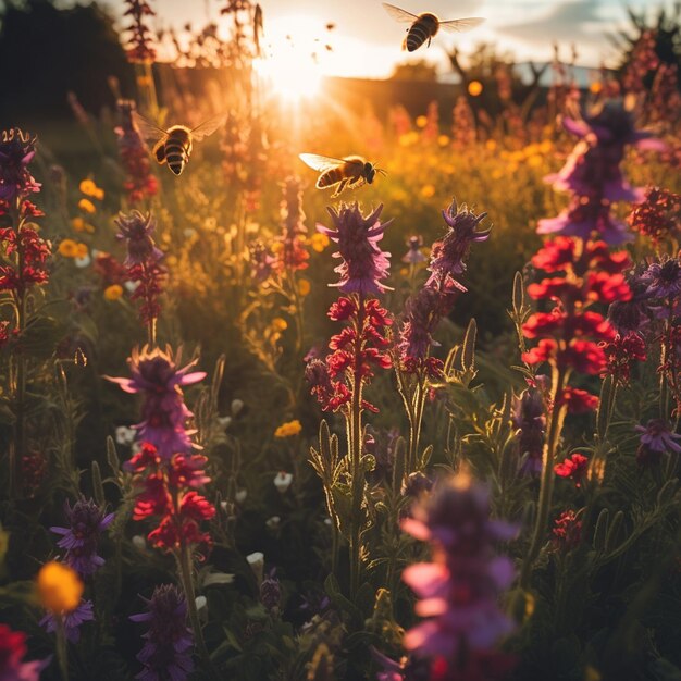 Photo des fleurs avec des abeilles sur le sol