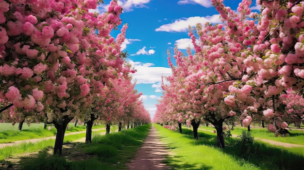 Les fleurs abondent l'air parfumé la sérénité printanière les branches chargées de fruits la campagne tranquille le charme saisonnier Généré par AI