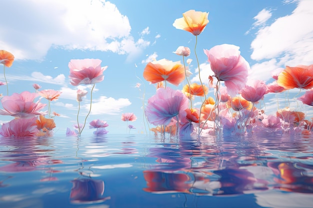 Fleurs abstraites colorées flottant dans le ciel sur le miroir