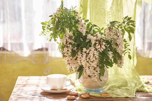 Fleurs d'acacia dans un vase blanc nature morte avec des fleurs d'acacia