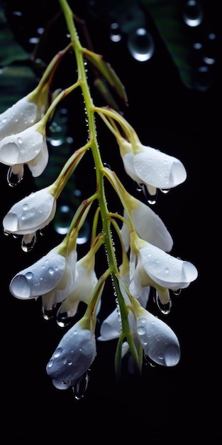 Fleurs d'acacia sur fond sombre Fleurs blanches avec des gouttes de pluie Photo de haute qualité AI générative