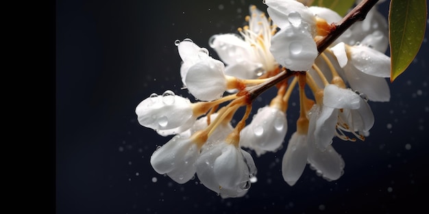 Fleurs d'acacia sur fond sombre Fleurs blanches avec des gouttes de pluie Photo de haute qualité AI générative