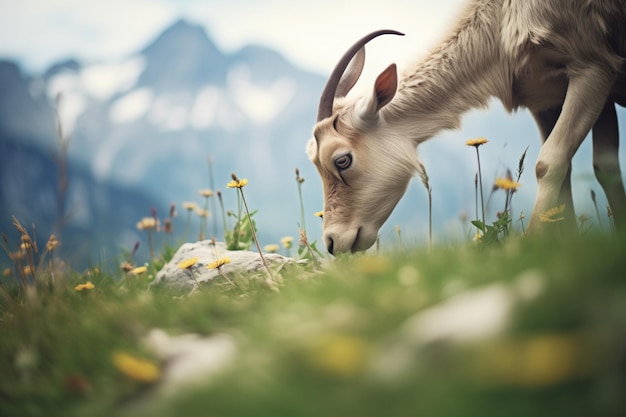 Des fleurs alpines encadrant une chèvre de montagne qui paît