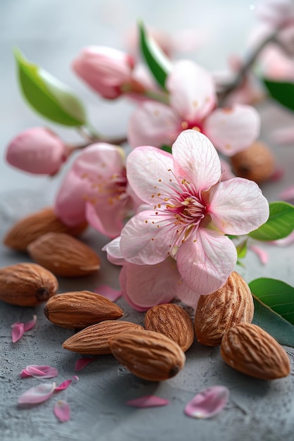 Photo des fleurs d'amande et des noix sur une surface texturée en gros plan