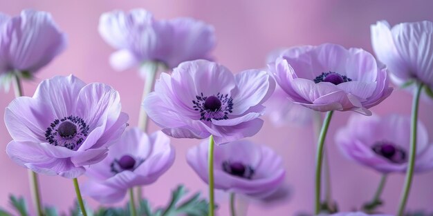 Des fleurs d'anémone violettes délicates s'épanouissent sur un fond rose doux