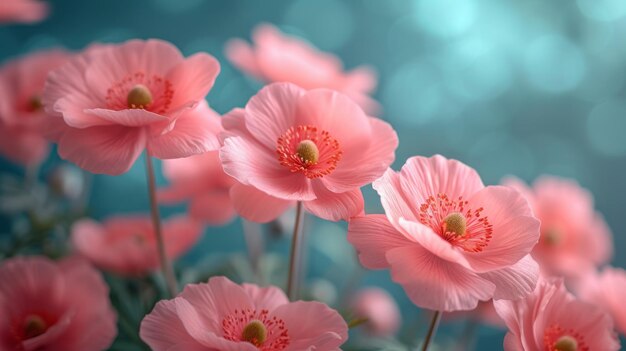 Photo des fleurs d'anémones d'un rose doux en plein air en été au printemps en gros plan sur un fond turquoise