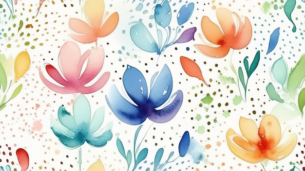 Photo des fleurs d'aquarelle brillantes avec des pointes polka éparpillées sur un fond blanc