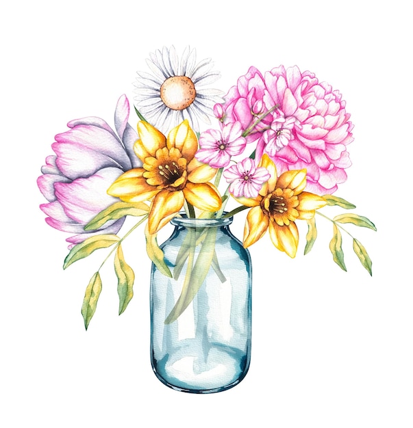 Des fleurs d'aquarelle dans un vase sur un fond blanc isolé