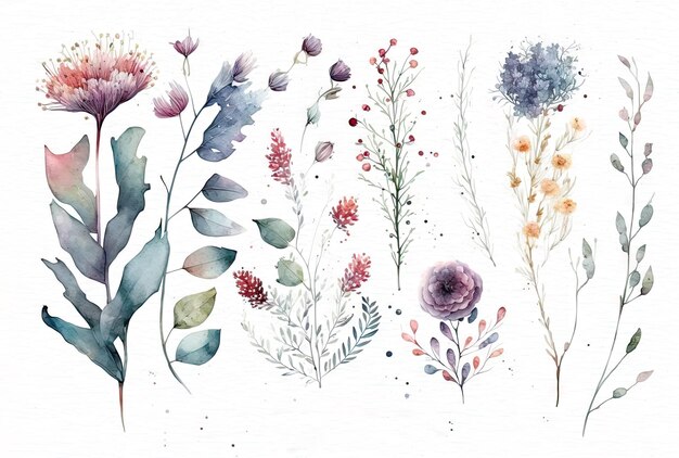 Photo fleurs d'aquarelle isolées sur fond blanc réalisées avec ai génératif