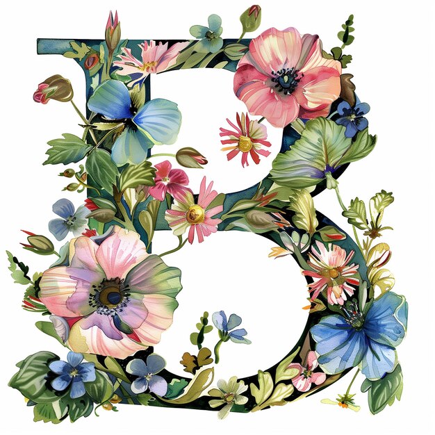 Des fleurs à l'aquarelle avec une lettre B.