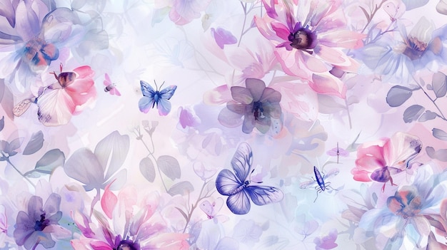 fleurs d'aquarelle avec des papillons sur un fond coloré