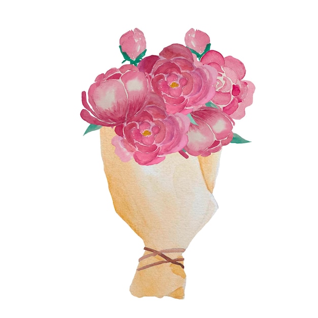 Fleurs d'aquarelle de pivoine rose. Bouquet de pivoine rose en papier kraft. Cadeau fête des mères, Saint Valentin