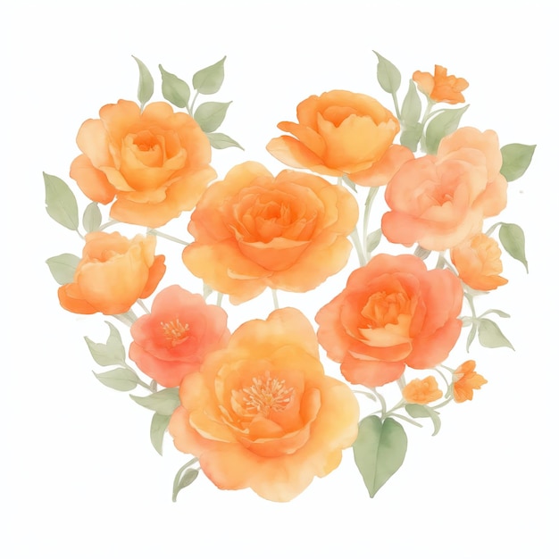 Fleurs aquarelles orange en forme de coeur sur fond blanc