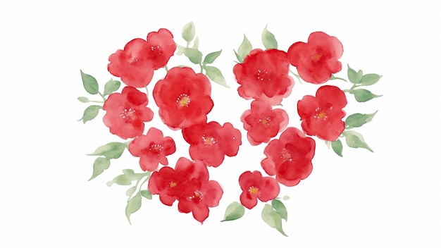 Fleurs aquarelles rouges en forme de coeur sur fond blanc