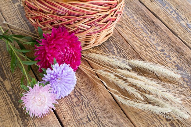 Fleurs d'aster en gros plan, panier en osier et épis de blé sur fond en bois.