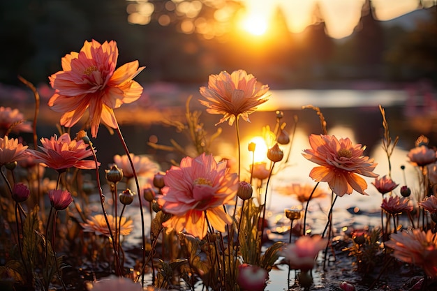 Fleurs au bord de la rivière au coucher du soleil