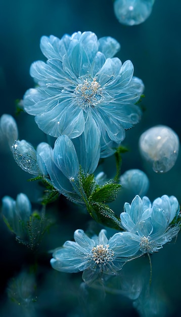 Fleurs au milieu d'une fleur bleue avec des bulles d'eau générative ai