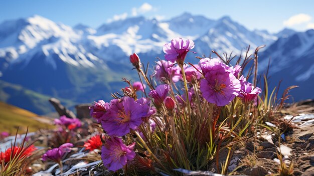 Photo les fleurs au premier plan amplifient la majesté des montagnes