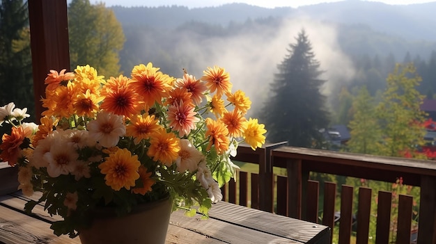 fleurs d'automne dans des pots sur le balcon du chalet vue sur les montagnes d'hiver de l'hôtel lors d'un voyage en octobre