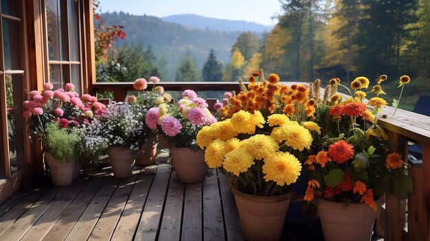 fleurs d'automne dans des pots sur le balcon du chalet vue sur les montagnes d'hiver de l'hôtel lors d'un voyage en octobre