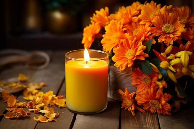 Des fleurs d'automne orange dans un vase et une bougie allumée sur un fond rustique en bois