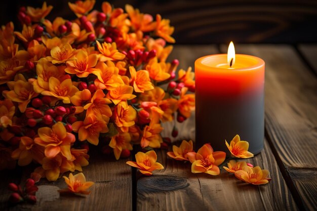 Des fleurs d'automne orange dans un vase et une bougie allumée sur un fond rustique en bois